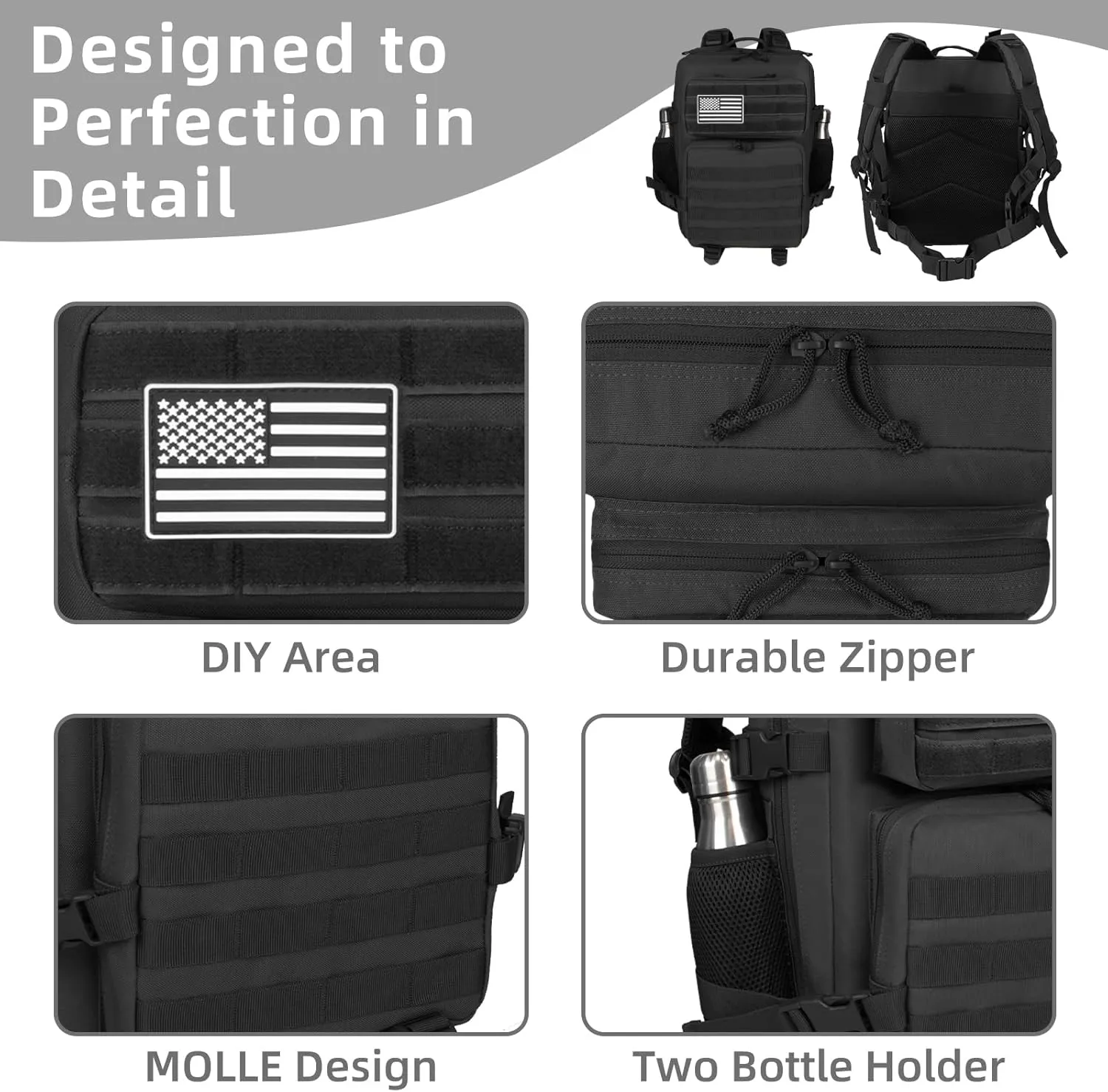 Small 25L Military Tactical Backpack For Men Woman Molle Army Pack Survival Bug Out Bag Hiking Rucksack Gym Backpacks With Bottle Holder Camping Outdoor Work Daypack Black