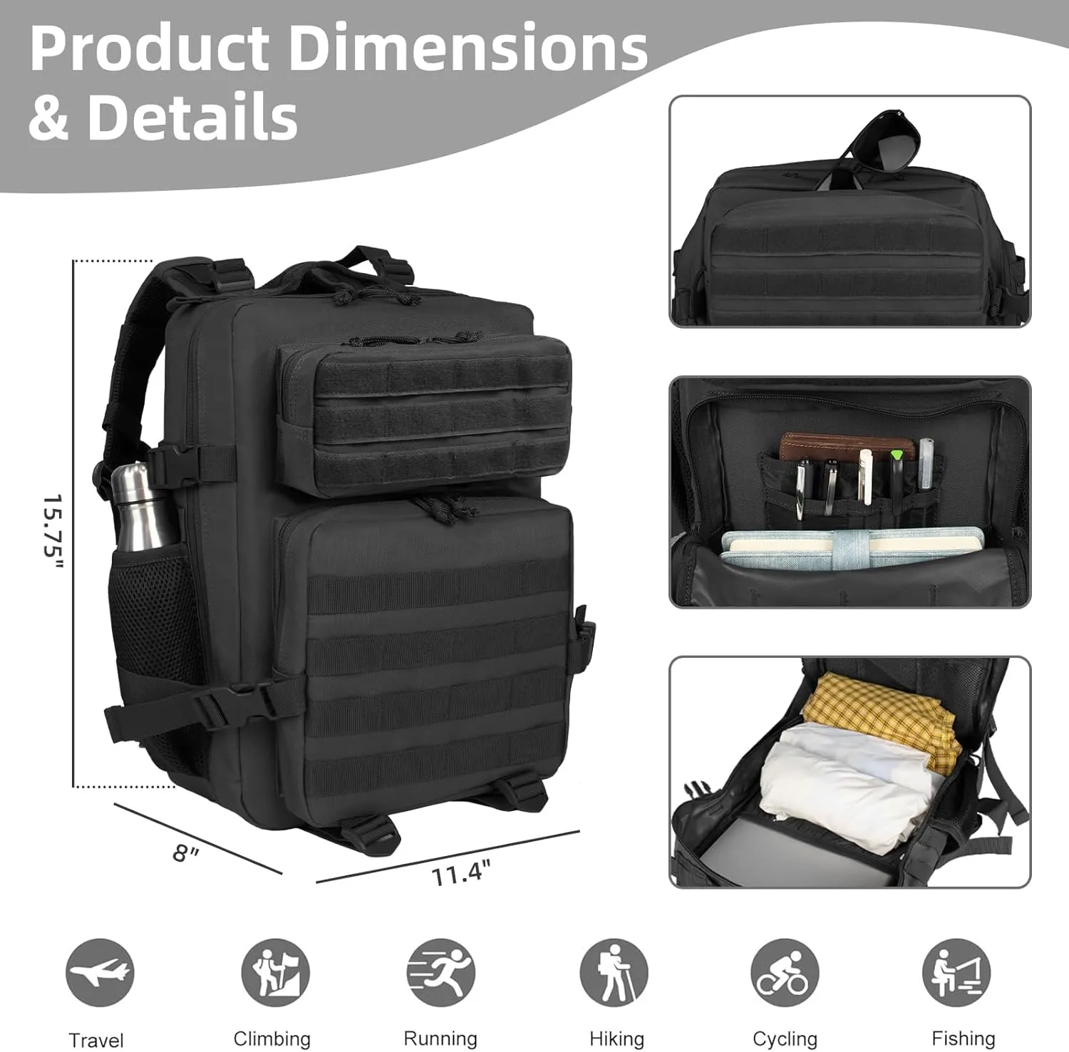 Small 25L Military Tactical Backpack For Men Woman Molle Army Pack Survival Bug Out Bag Hiking Rucksack Gym Backpacks With Bottle Holder Camping Outdoor Work Daypack Black