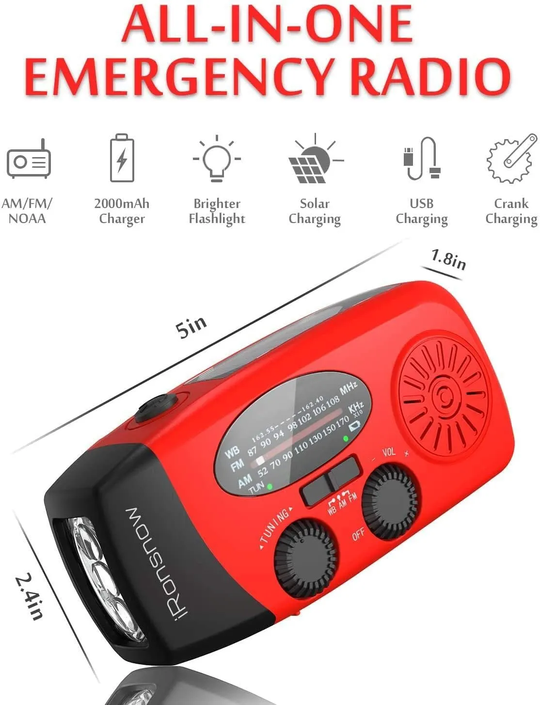 Solar Emergency Hand Crank Weather Radio, Portable Self Powered NOAA AM/FM Radios with SOS Alarm LED Flashlight 2000mAh Smart Phone USB Charger for Camping (Red)