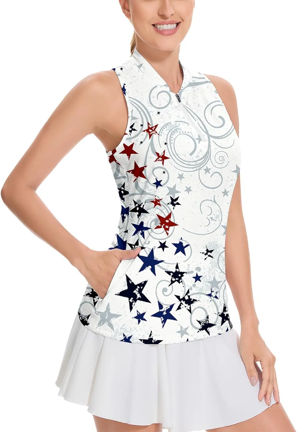 Soneven Women's Sleeveless Golf Shirt Racerback Polo Shirts with Pockets Tennis Tops Golf Tanks Pickleball Shirts