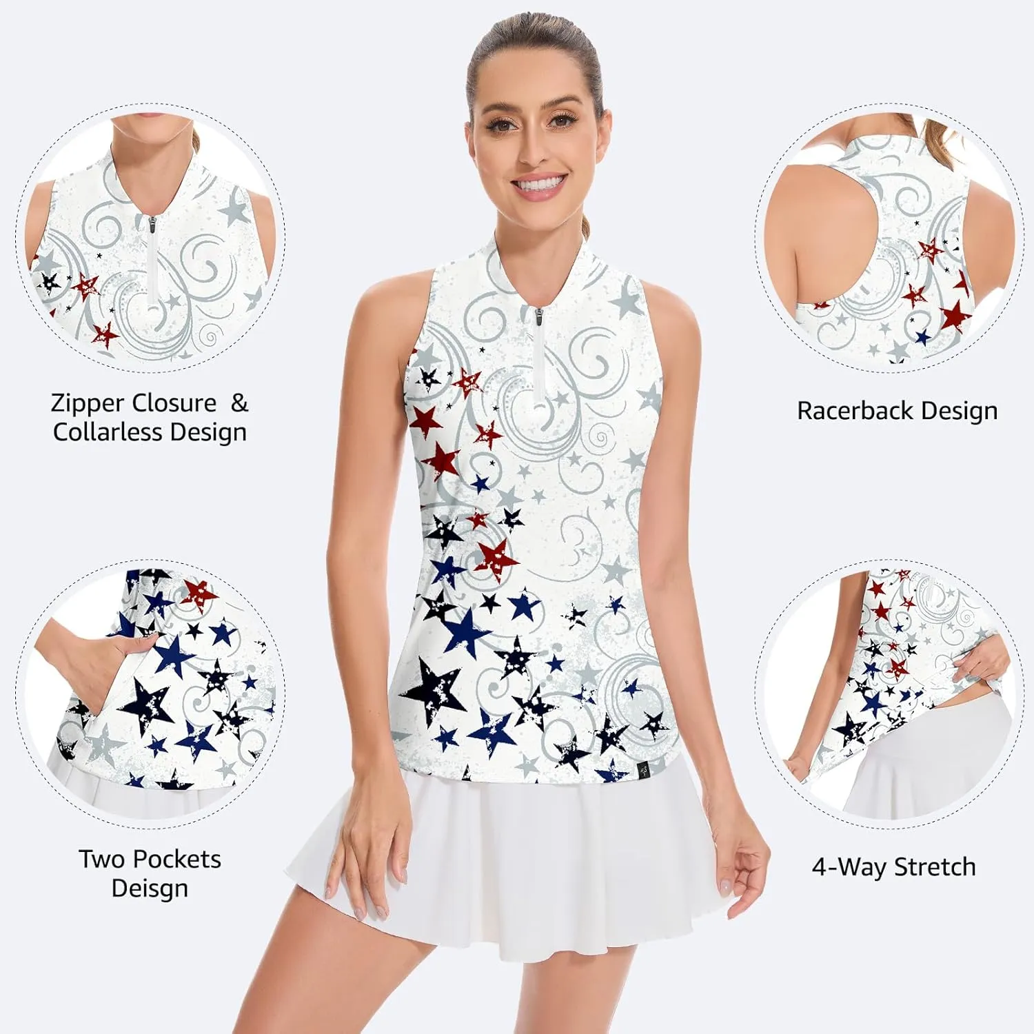 Soneven Women's Sleeveless Golf Shirt Racerback Polo Shirts with Pockets Tennis Tops Golf Tanks Pickleball Shirts