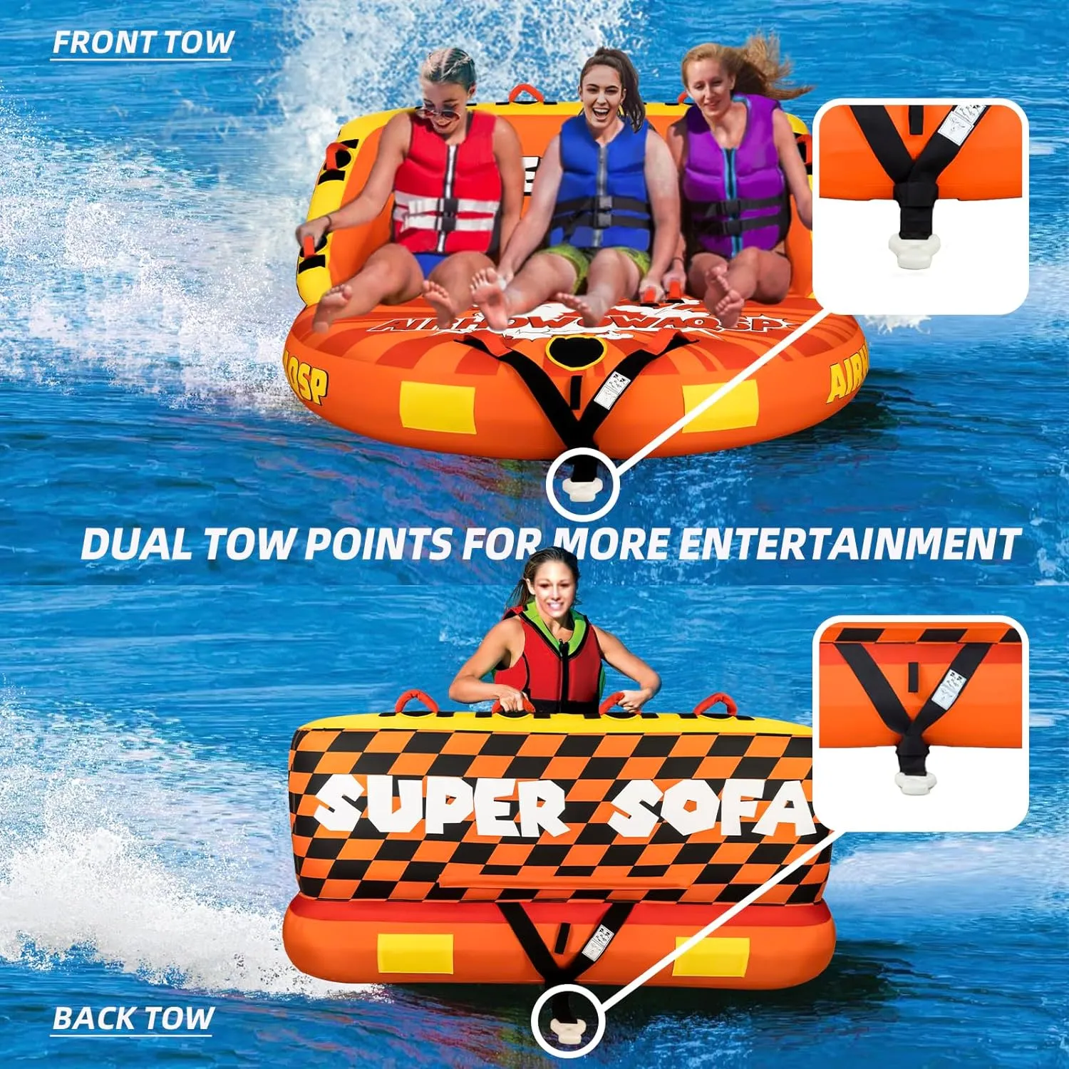 Super Sofa Towable Tubes for Boating 1-4 Person,Tubes for Boats,Inflatable Pull Boats/Boat Tube/Water Tube,Front&Back Tow Points with Heavy-Duty Thick Nylon Cover for Water Sports