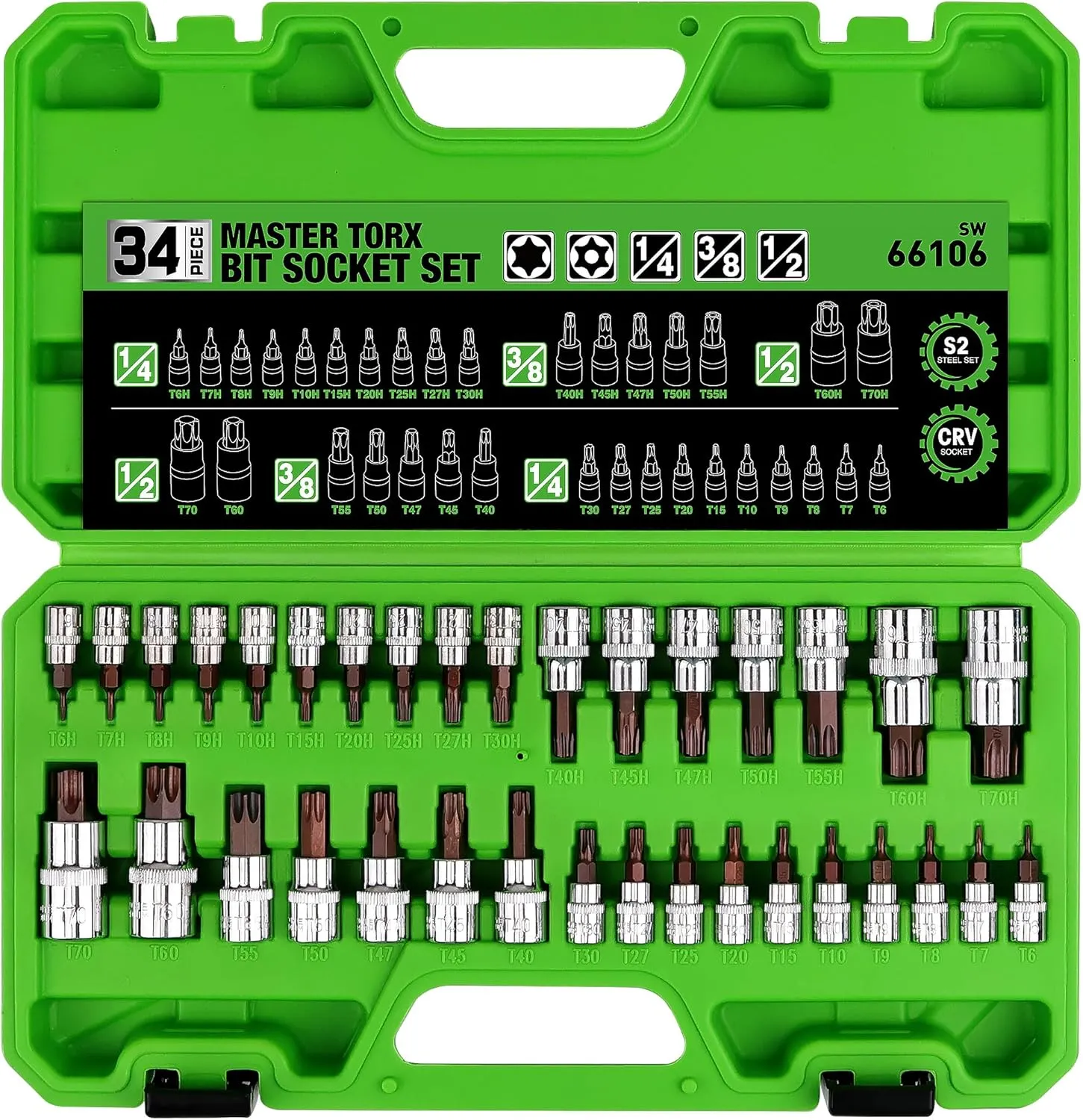 SWANLAKE 34PCS Master TORX Bit Socket Set, Premium S2 Alloy Steel, Solid Star & Tamper Proof T6 ~ T70