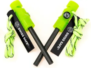 Swiss Safe 5-in-1 Magnesium Ferro Rod Fire Starter Survival Tool - Flint & Steel Striker, Compass, Paracord & Whistle - Emergency Kit for Backpacking, Camping, Hiking - All-Weather