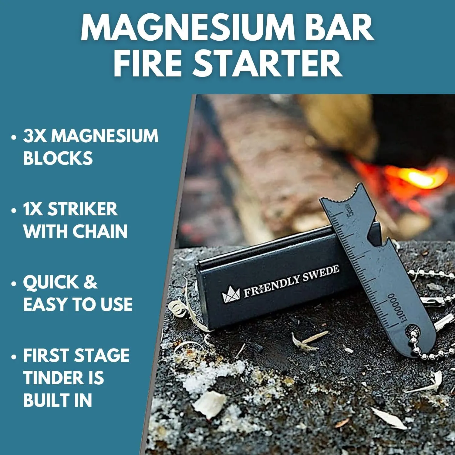 The Friendly Swede Magnesium Fire Starter Kit 3-Pack  Flint and Steel Fire Starter Survival Tool; Weatherproof Firestarter for Camping, Hiking & BBQs; Flint and Steel Magnesium Bar; 6-in-1 Striker