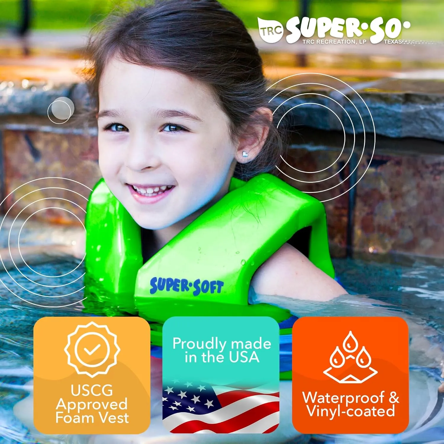 TRC Recreation Super Soft Child Size X Small Life Jacket USCG Approved Vinyl Coated Foam Swim Vest for Kids Swimming Pool and Beach Gear, Marina Blue