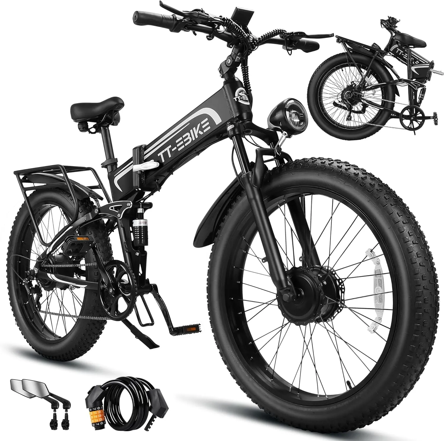 TT-EBIKE 5000W Dual Motor Folding Electric Bike Adults 42MPH with 60V 30AH Battery, 26x4 Fat Tire All Terrain Ebikes, Full Suspension E Bike, SHM 7-Speed Gear Electric Bicycle63V
