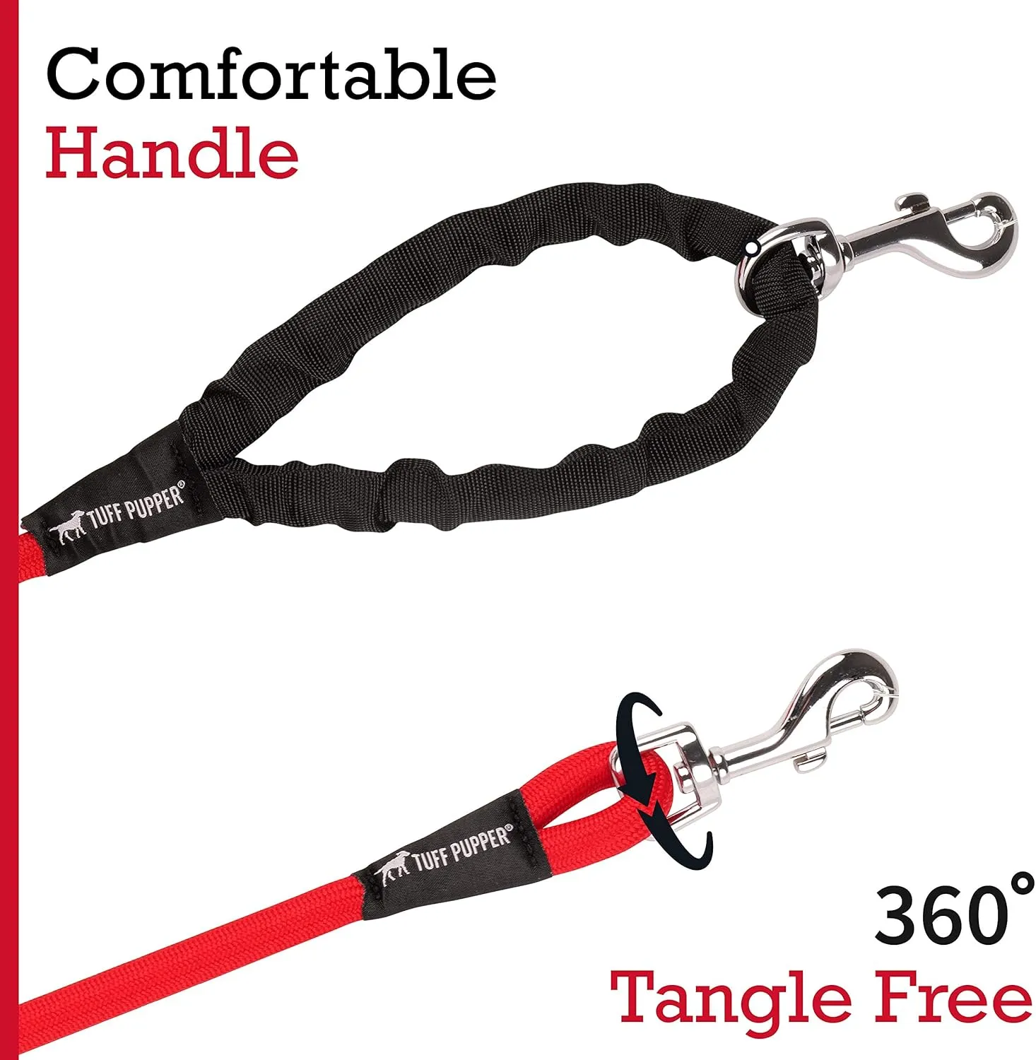 Tuff Pupper Heavy Duty 30 Foot Long Rope Leash for Dogs | Dog Recall Training Lead | High Visibility Strong Climbing Rope Leash | Hand or Waist Worn | Stainless Steel 360 Clips for Tangle Free Use