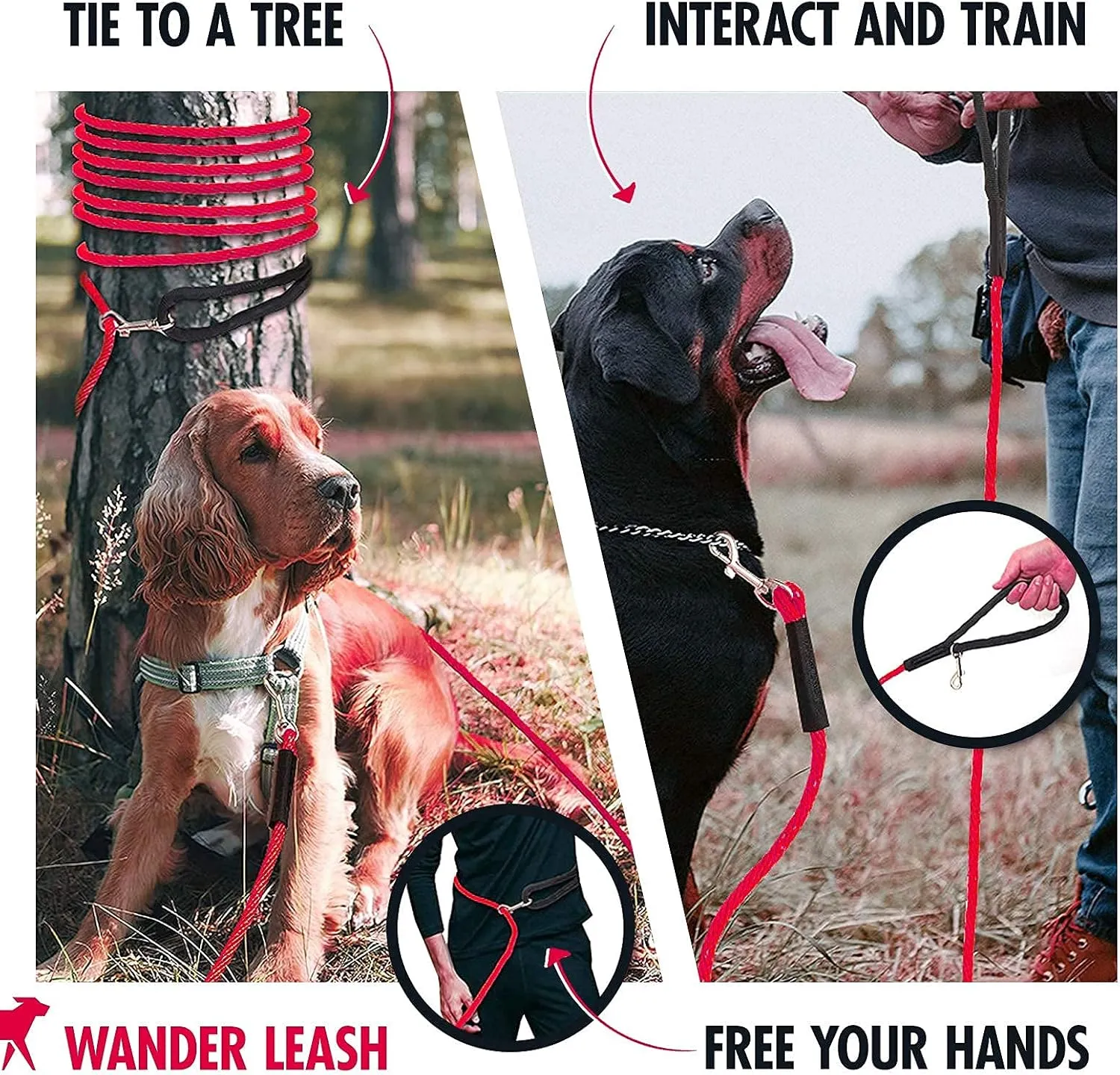 Tuff Pupper Heavy Duty 30 Foot Long Rope Leash for Dogs | Dog Recall Training Lead | High Visibility Strong Climbing Rope Leash | Hand or Waist Worn | Stainless Steel 360 Clips for Tangle Free Use