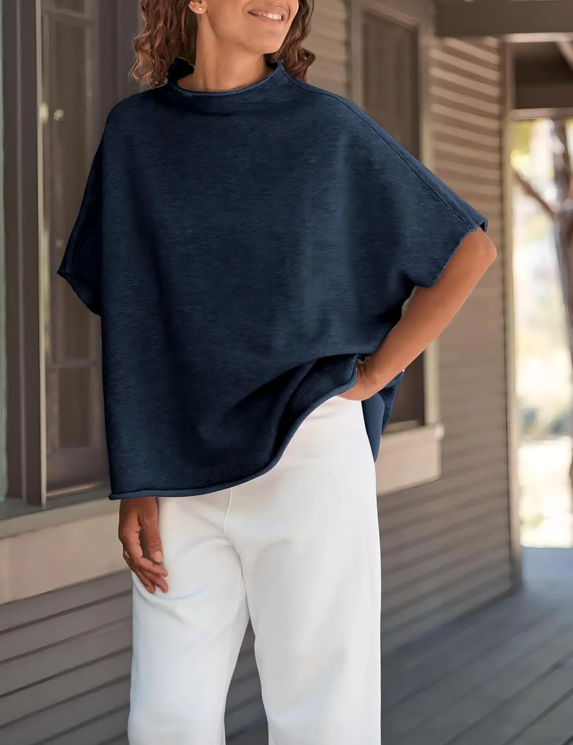 VAOYIU Women's Oversized Funnel Neck Tops 3/4 Batwing Sleeve Capelet Casual Travel Pullover Sweatshirts