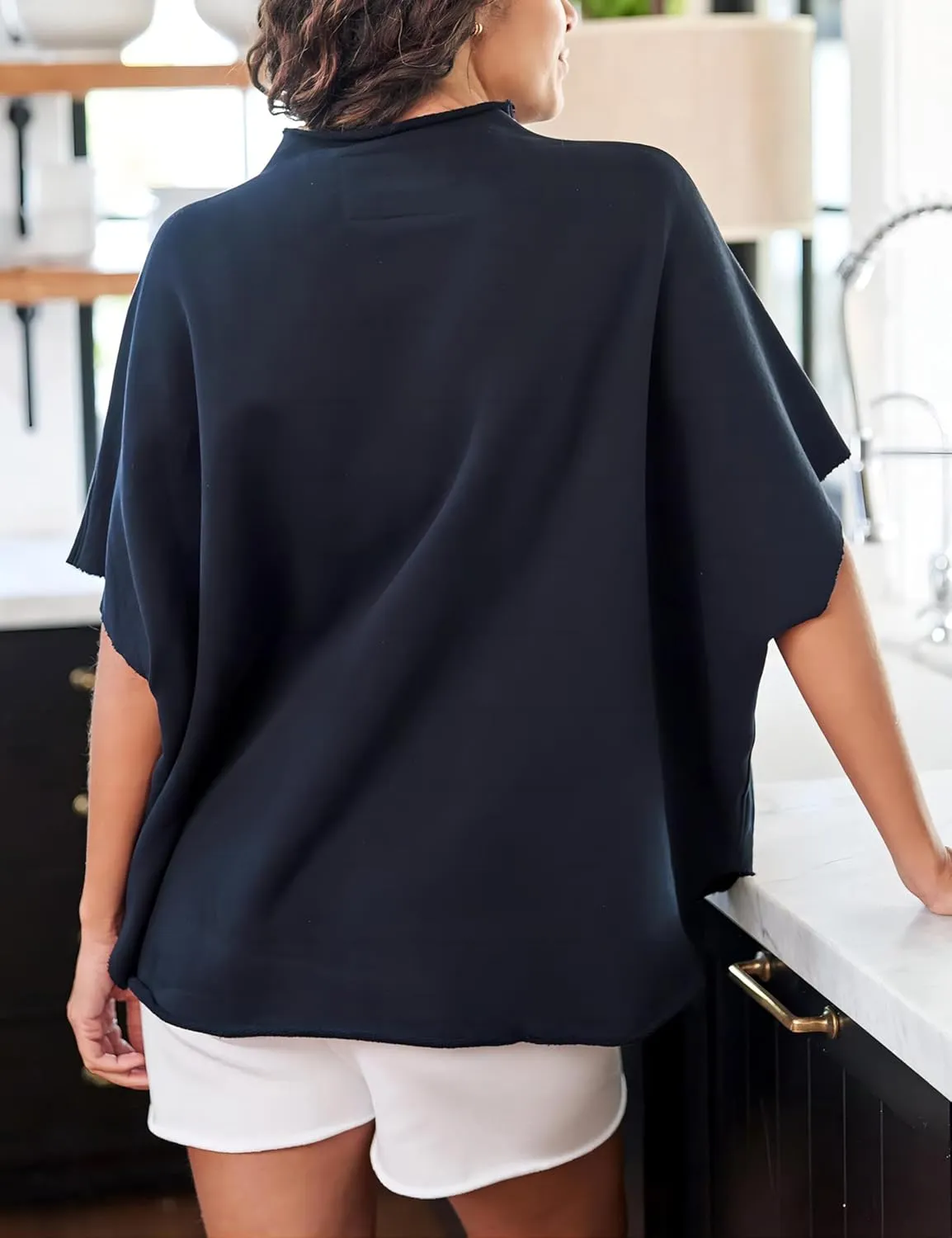 VAOYIU Women's Oversized Funnel Neck Tops 3/4 Batwing Sleeve Capelet Casual Travel Pullover Sweatshirts