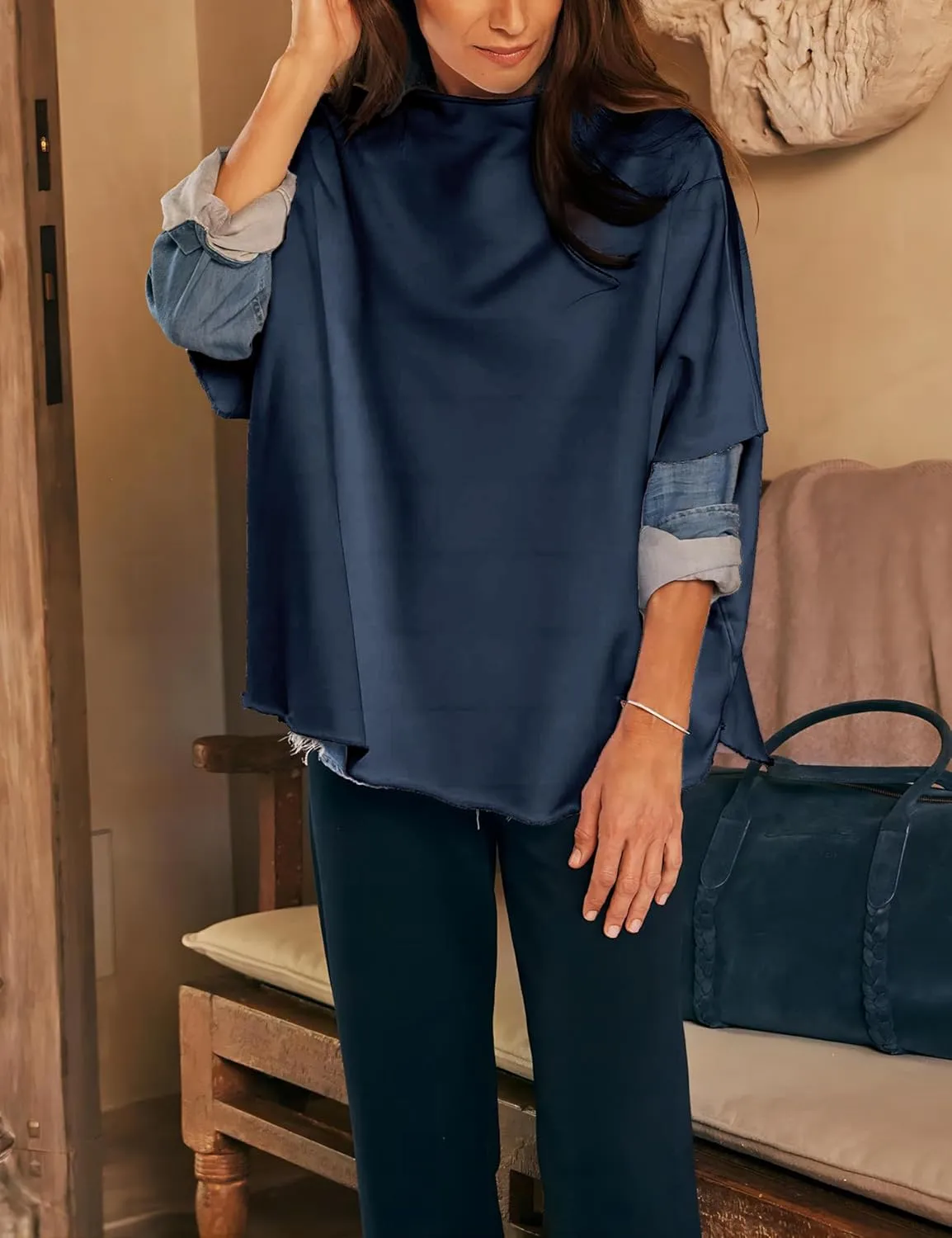 VAOYIU Women's Oversized Funnel Neck Tops 3/4 Batwing Sleeve Capelet Casual Travel Pullover Sweatshirts