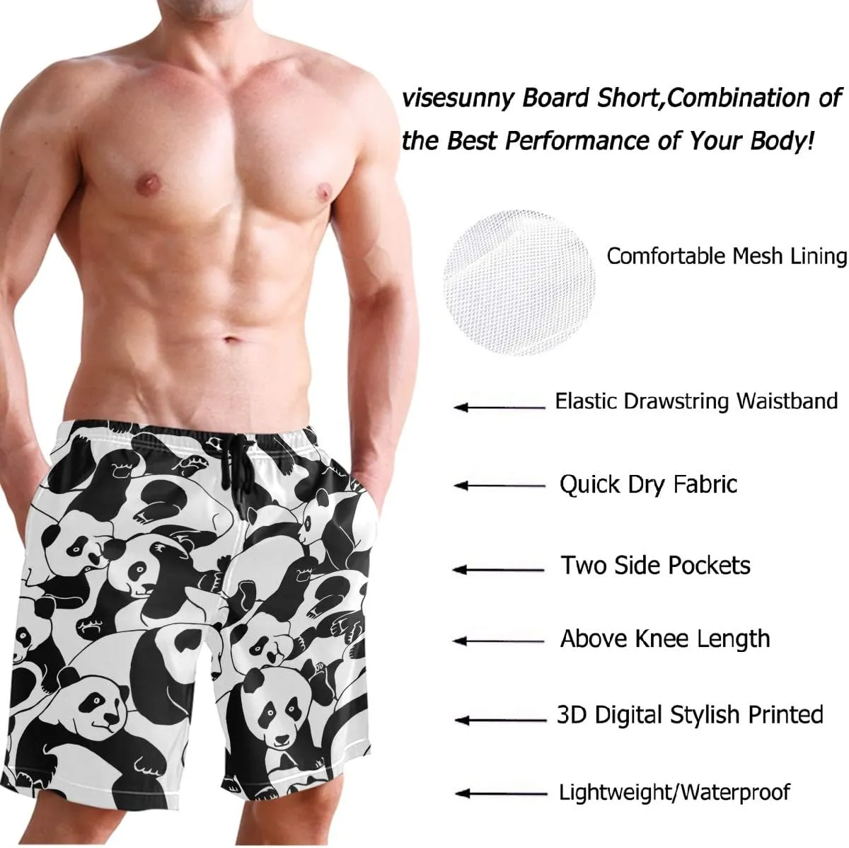 visesunny Stylish Mens Swim Trunks Quick Dry Beachwear Sports Running Swim Board Shorts Bathing Suits Mesh Lining