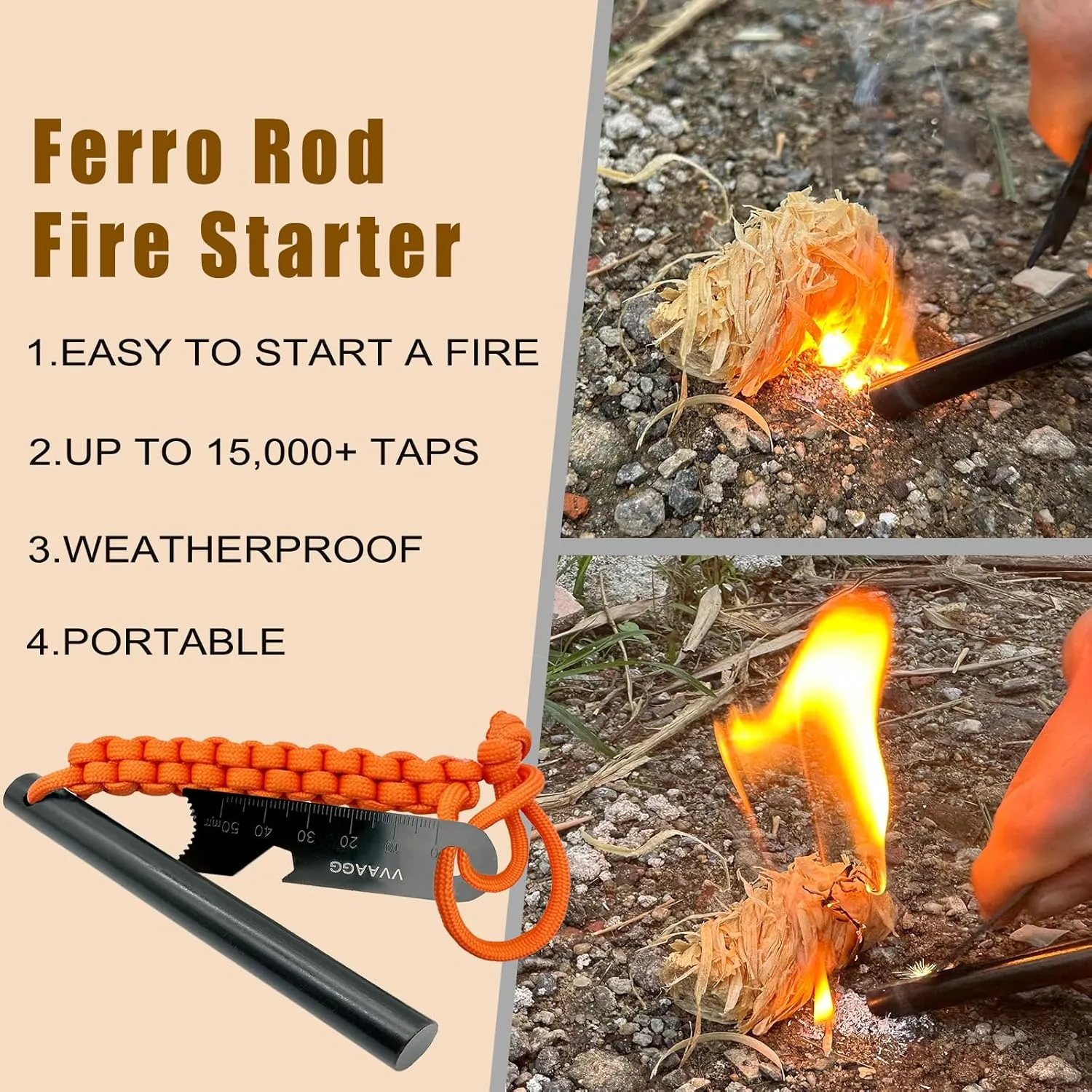 VVAAGG Flint and Steel Fire Starter Kit Survivor, 3/8" 1/2 inch Ferro Rods and Magnesium Rods with Paracord Handle