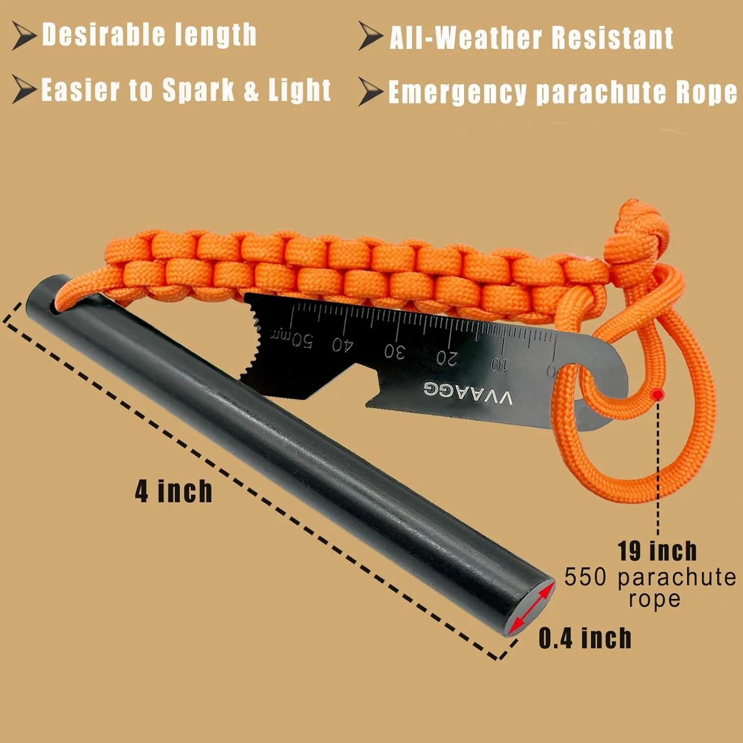 VVAAGG Flint and Steel Fire Starter Kit Survivor, 3/8" 1/2 inch Ferro Rods and Magnesium Rods with Paracord Handle