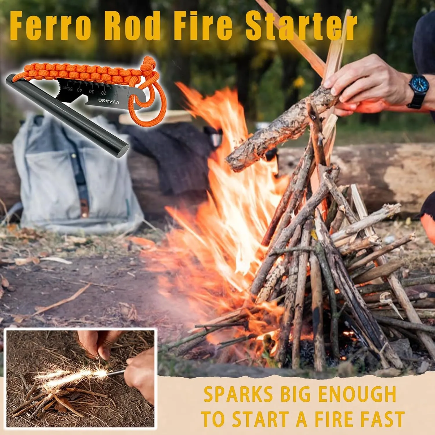 VVAAGG Flint and Steel Fire Starter Kit Survivor, 3/8" 1/2 inch Ferro Rods and Magnesium Rods with Paracord Handle