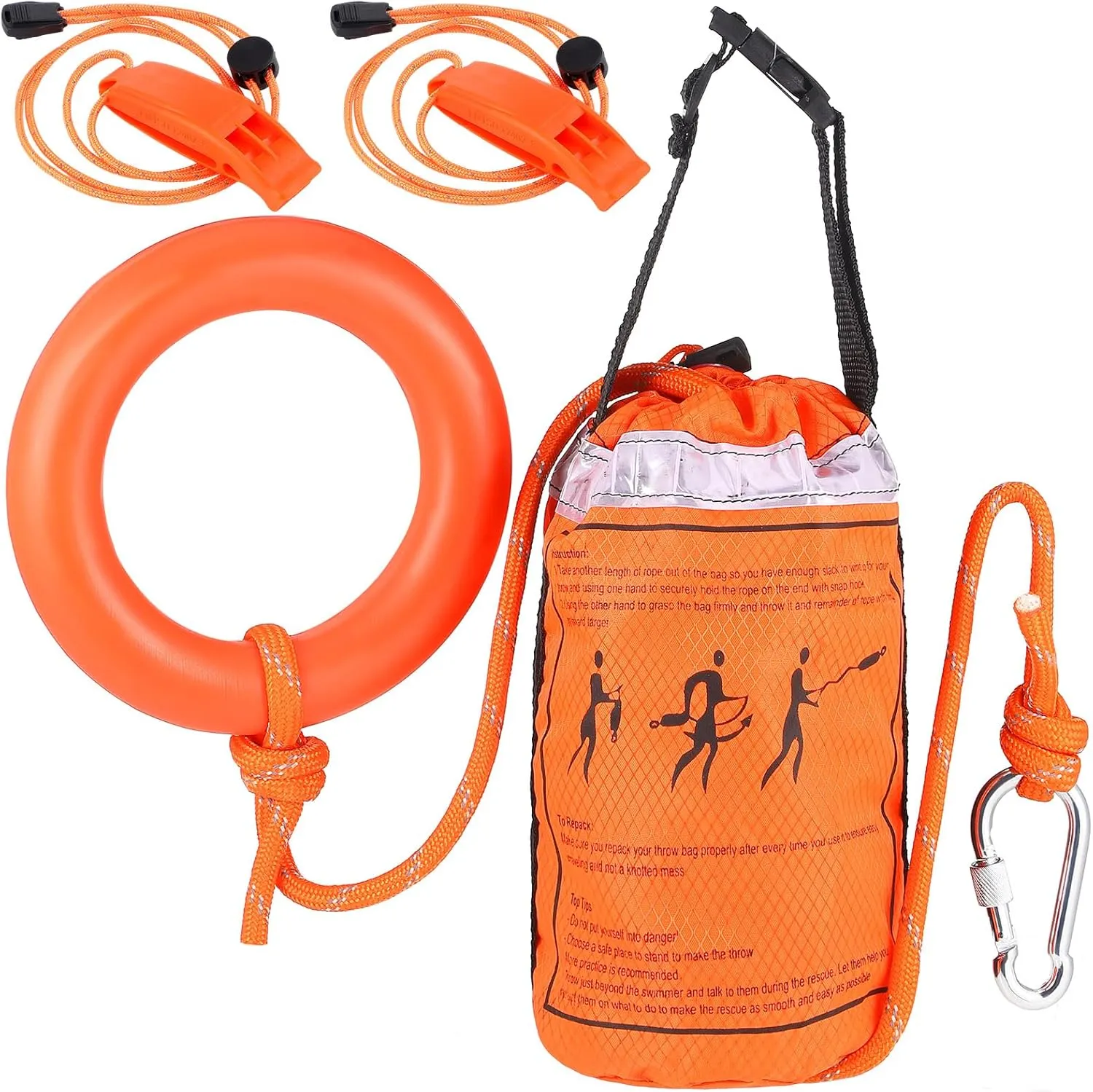 Water Rescue Throw Bag with Rope and 2 Emergency Whistles with Lanyard Emergency Rescue Rope Rated to 1844lbs for Kayaking Boating Fishing Rafting, High Visibility