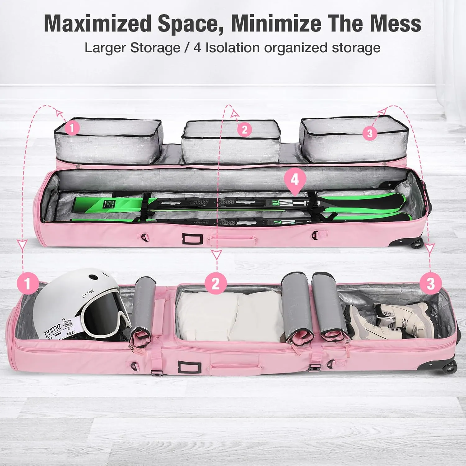 Waterproof Ski Bag with Wheels, Double Rolling Snowboard Bag for Air Travel Extendable From 155CM-187CM, with 3 Padded Outside Compartment Storage Helmet, Boots, Goggles, Jackets
