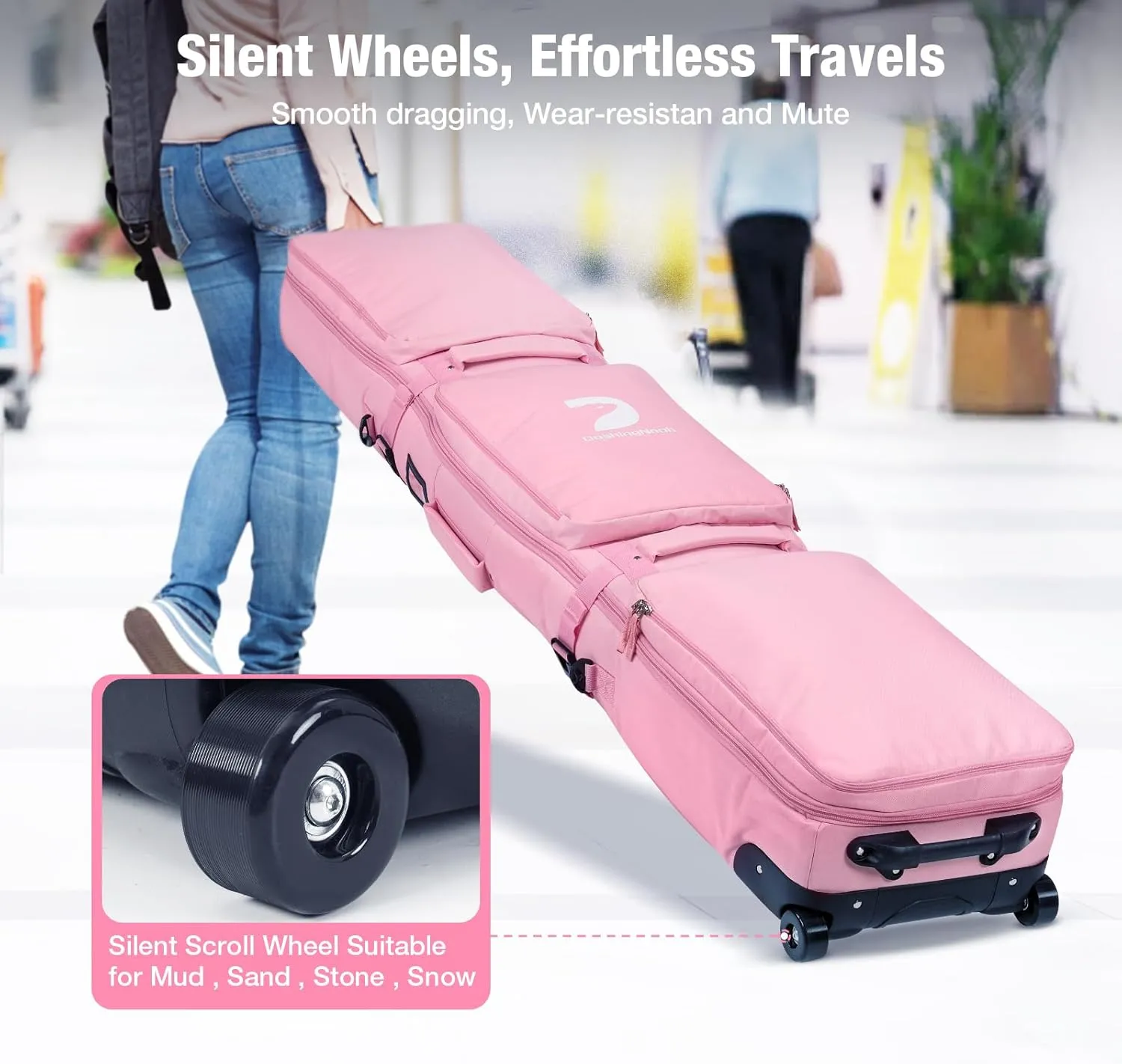 Waterproof Ski Bag with Wheels, Double Rolling Snowboard Bag for Air Travel Extendable From 155CM-187CM, with 3 Padded Outside Compartment Storage Helmet, Boots, Goggles, Jackets