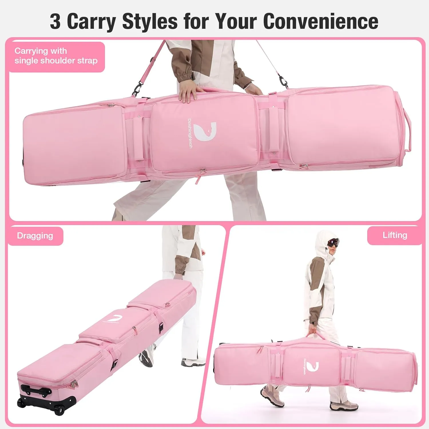 Waterproof Ski Bag with Wheels, Double Rolling Snowboard Bag for Air Travel Extendable From 155CM-187CM, with 3 Padded Outside Compartment Storage Helmet, Boots, Goggles, Jackets