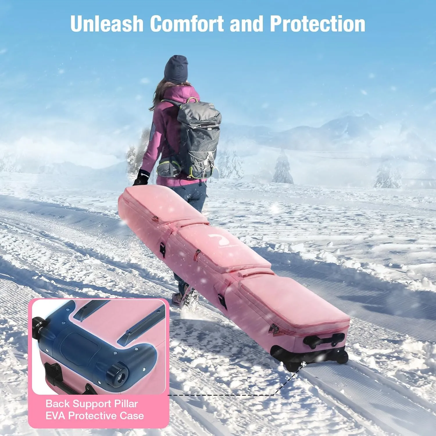 Waterproof Ski Bag with Wheels, Double Rolling Snowboard Bag for Air Travel Extendable From 155CM-187CM, with 3 Padded Outside Compartment Storage Helmet, Boots, Goggles, Jackets