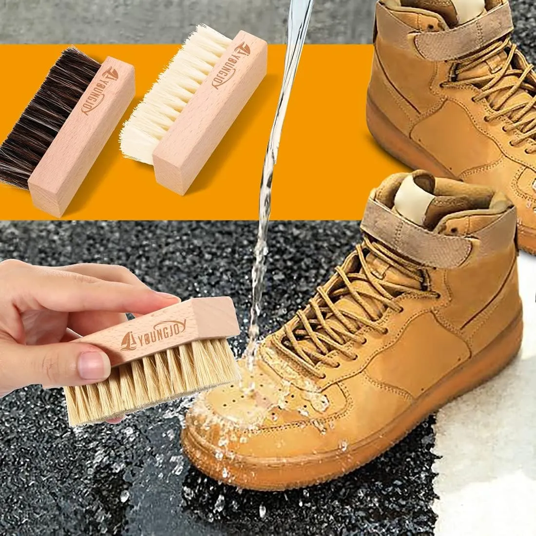 YoungJoy 3 Pieces Dual Sided Sneaker Shoe Cleaner Brush Set Shoes Clean Brush Kit Both Boar and Plastic Bristles with Microfiber Cloth (B)