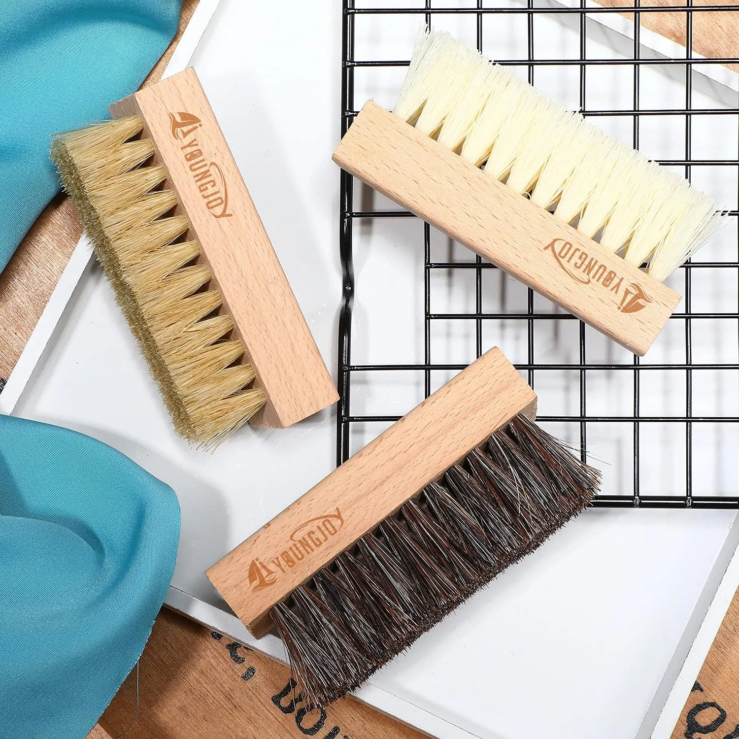 YoungJoy 3 Pieces Dual Sided Sneaker Shoe Cleaner Brush Set Shoes Clean Brush Kit Both Boar and Plastic Bristles with Microfiber Cloth (B)